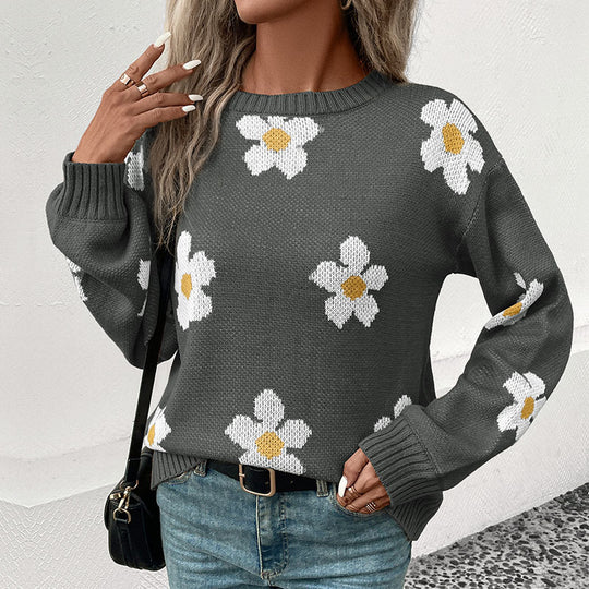 Damen Oversize-Strickpullover mit Blumenjacquard, Rundhalsausschnitt und Ballonärmeln Nord Taschen
