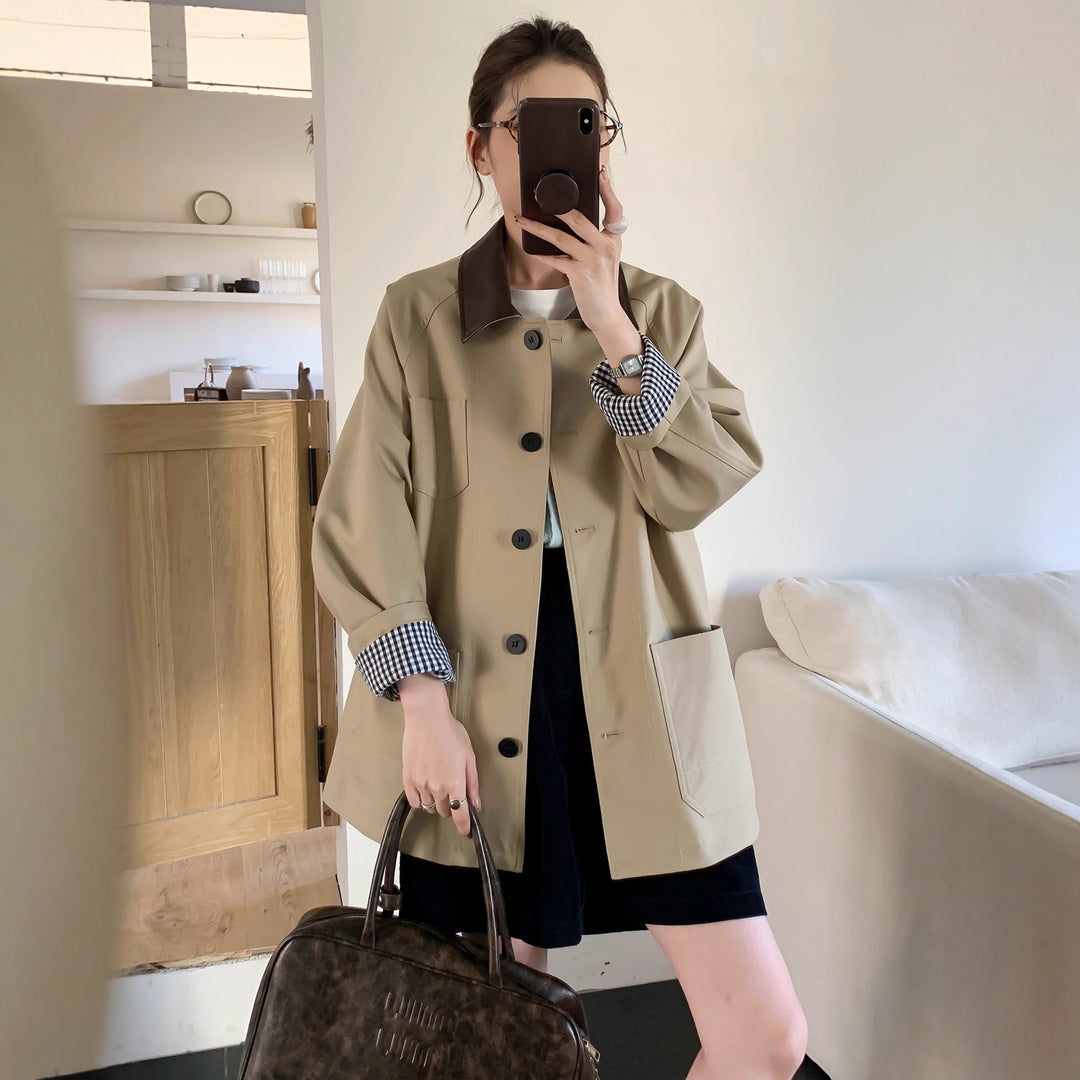 Damen Leichte Oversize-Übergangsjacke mit Kontrastkragen und kariertem Ärmelsaum Nord Taschen