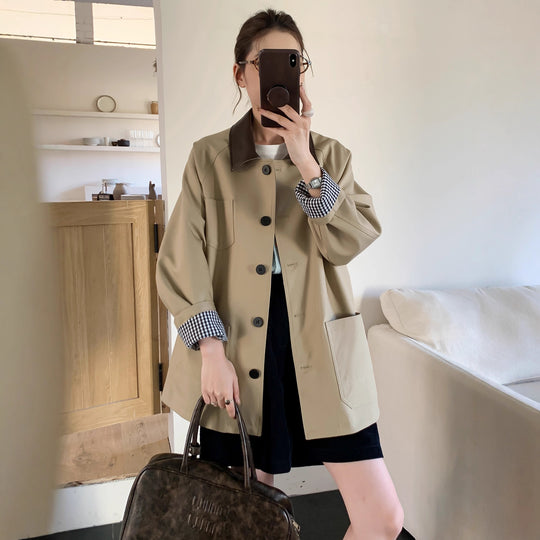 Damen Leichte Oversize-Übergangsjacke mit Kontrastkragen und kariertem Ärmelsaum Nord Taschen