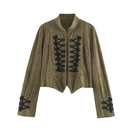 Damen Cropped Veloursimitat‑Jacke mit dekorativen Kordelfröschen Nord Taschen