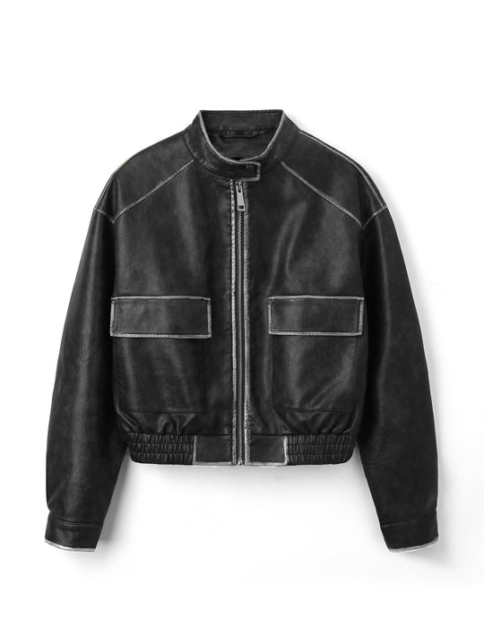 Herren Vintage-Leder-Bomberjacke mit Stehkragen, Pattentaschen und elastischem Bund Nord Taschen