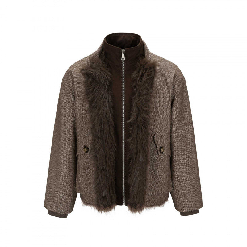 Damen Kurze Boxy-Jacke mit Teddyfutter, Stehkragen und Pattentaschen Nord Taschen