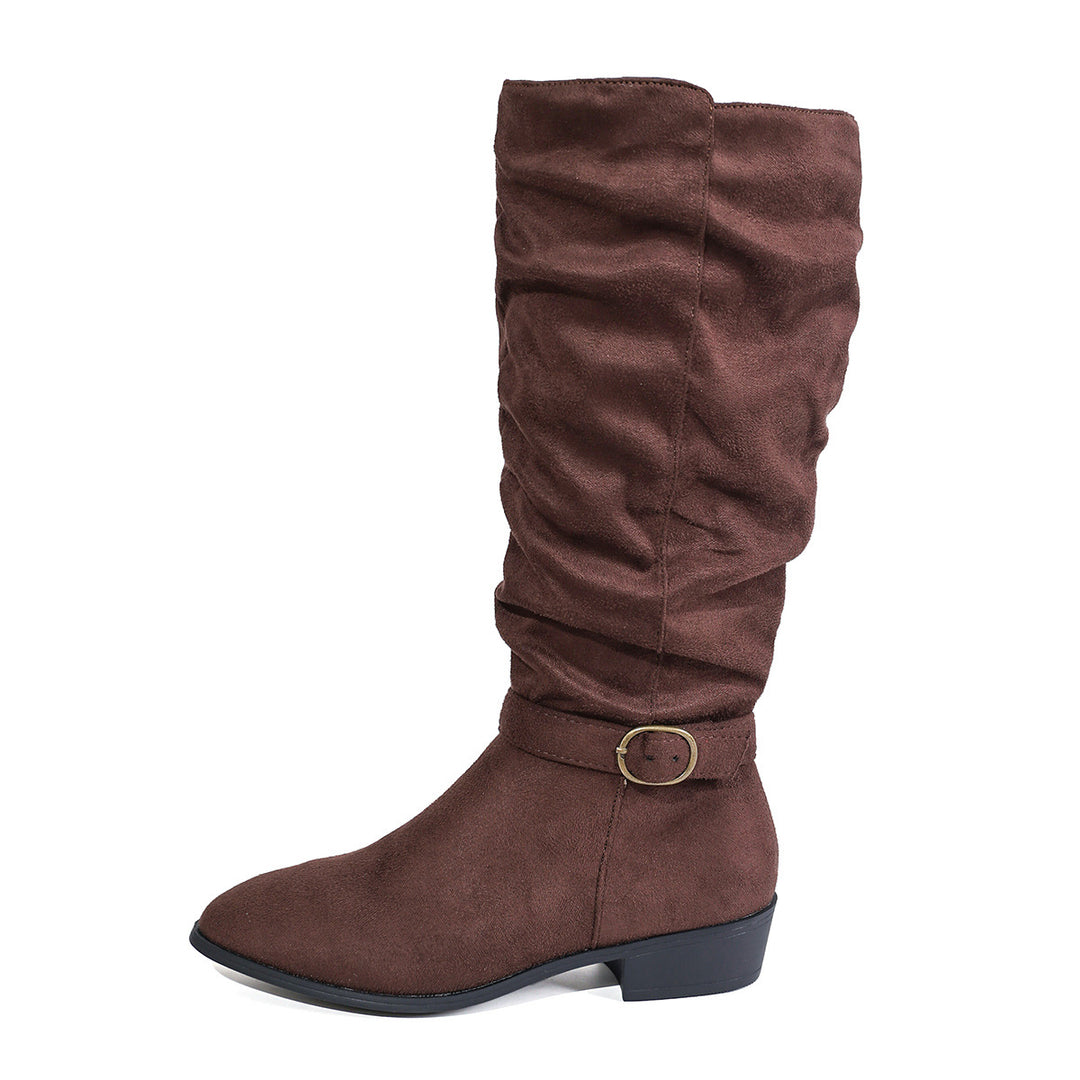 Damen nan kniehoher Slouch-Stiefel aus weichem Microvelours mit Ziergurt und niedrigem Blockabsatz Nord Taschen