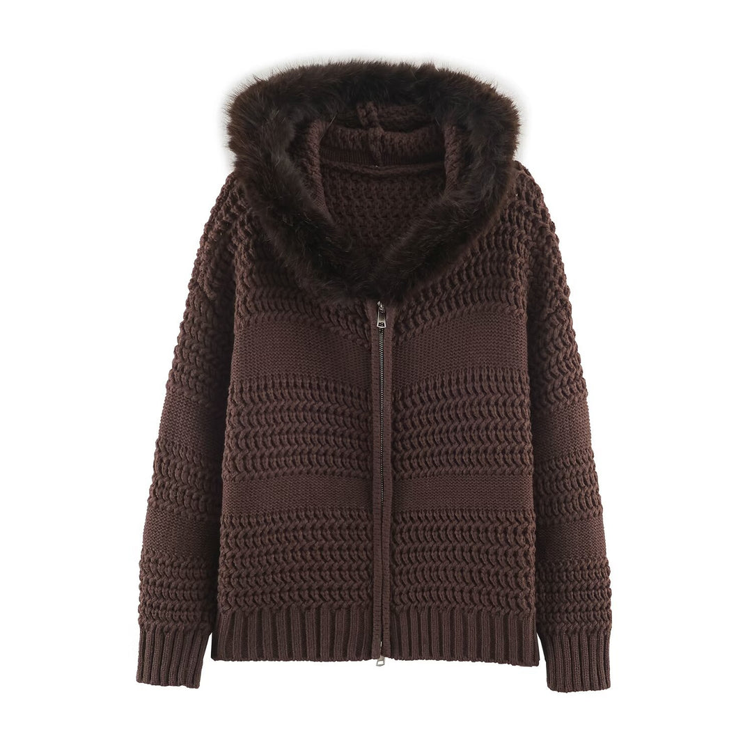 Damen Strickjacke mit durchgehendem Reißverschluss und kuscheligem Kunstpelzkragen Nord Taschen
