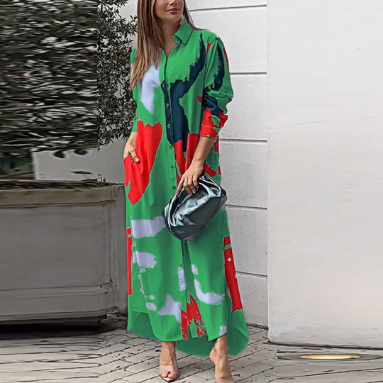Damen Langes Hemdblusenkleid mit abstraktem Pinselprint und seitlichen Eingrifftaschen Nord Taschen