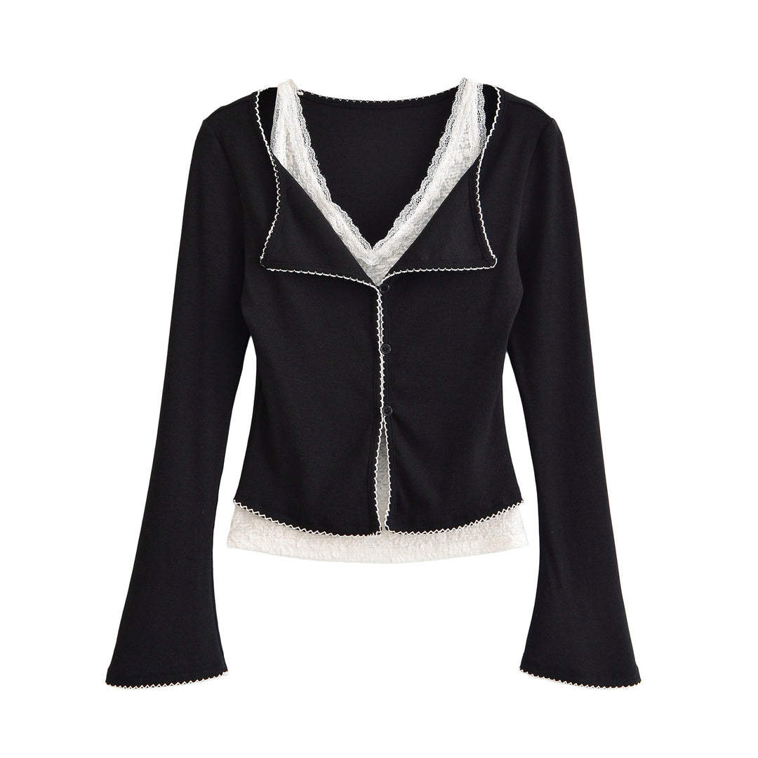 Damen Taillierter Buttoncardigan mit Spitzenbesatz und ausgestellten Ärmeln Nord Taschen