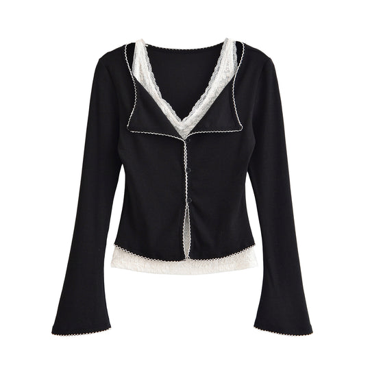 Damen Taillierter Buttoncardigan mit Spitzenbesatz und ausgestellten Ärmeln Nord Taschen