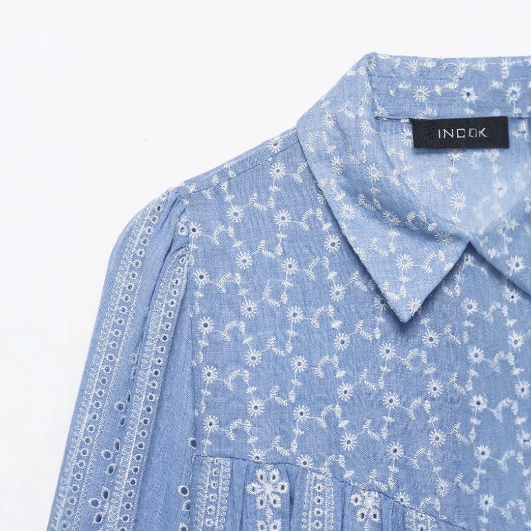 Damen Locker geschnittene Stickerei-Hemdbluse mit Broderie-Details, Knopfleiste und voluminösen Ballonärmeln Nord Taschen