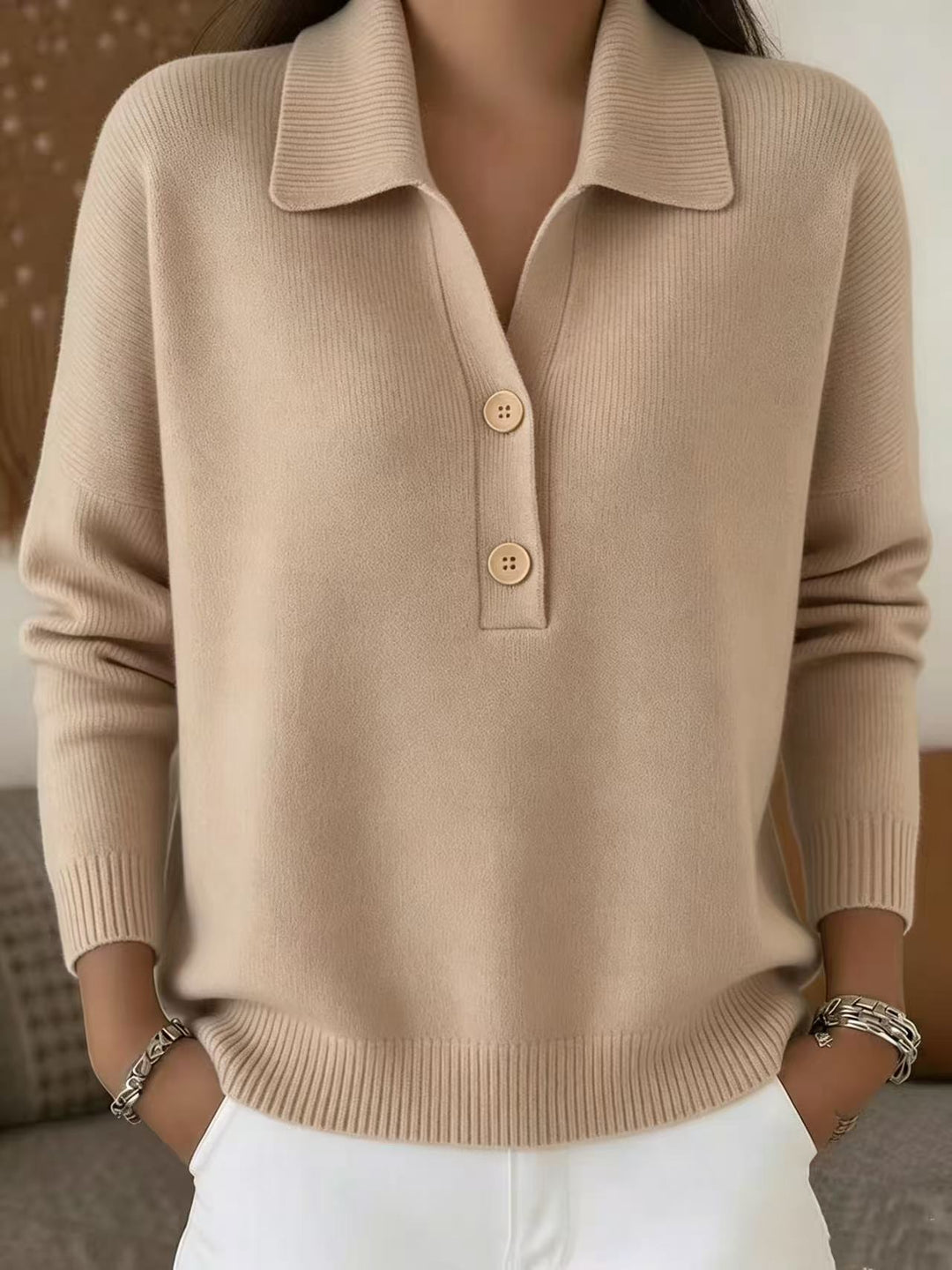 Damen lässiger Feinstrickpullover mit Polokragen und Zwei-Knopf-Leiste Nord Taschen