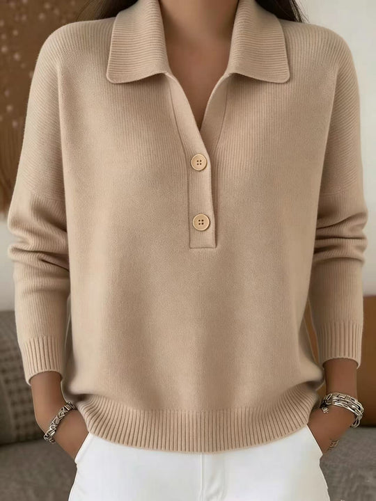 Damen lässiger Feinstrickpullover mit Polokragen und Zwei-Knopf-Leiste Nord Taschen
