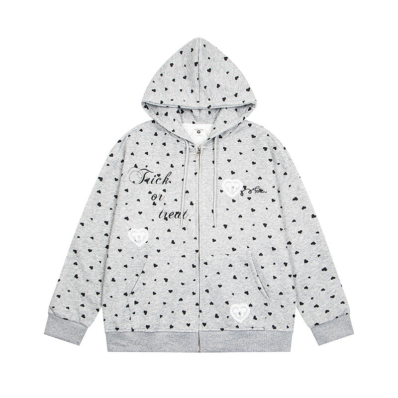 Damen Kapuzen-Sweatjacke mit durchgehendem Reißverschluss, Allover-Herzprint und Statement-Stickerei Nord Taschen