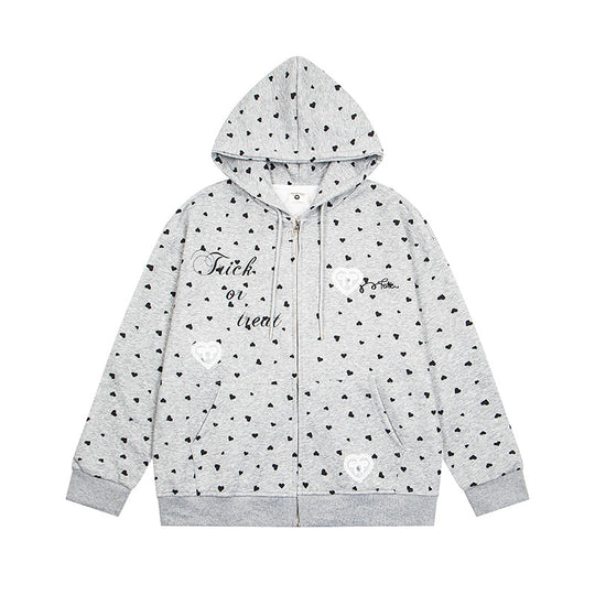 Damen Kapuzen-Sweatjacke mit durchgehendem Reißverschluss, Allover-Herzprint und Statement-Stickerei Nord Taschen