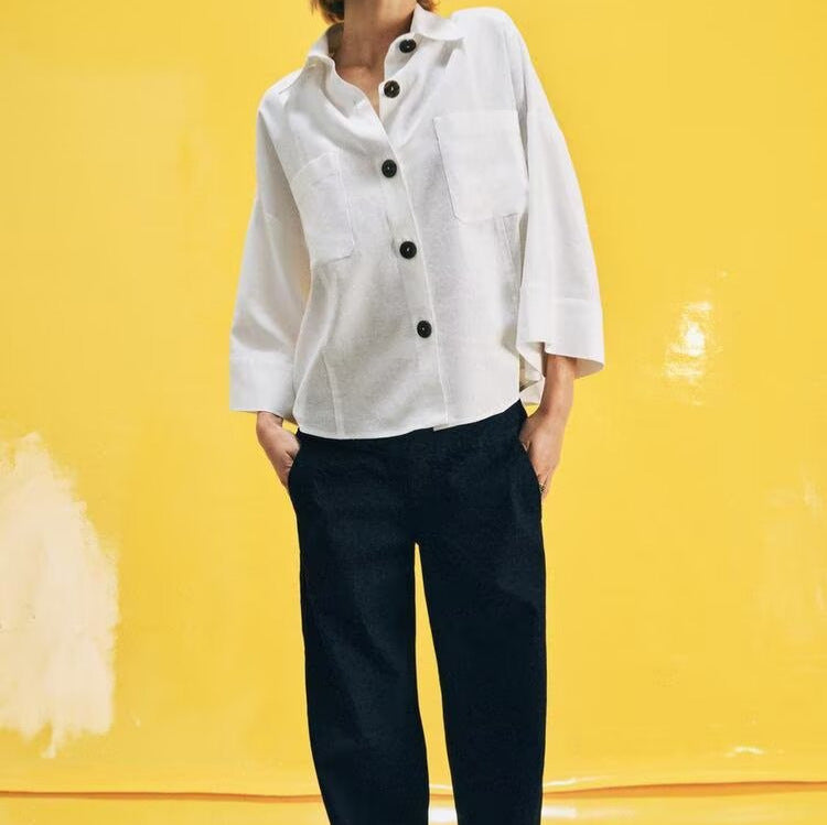Damen Cropped Oversize‑Hemdjacke mit Kimonoärmeln und Dekoknöpfen Nord Taschen