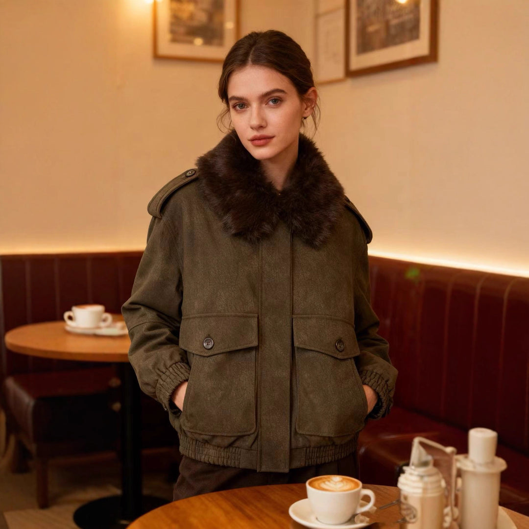 Damen Kurzjacke in Velourslederoptik mit abnehmbarem Fellkragen und Pattentaschen Nord Taschen