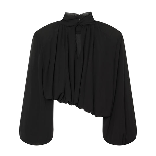 Damen Elegante Cropped Bluse mit hohem Stehkragen, Plissée-Falten und Ballonärmeln Nord Taschen