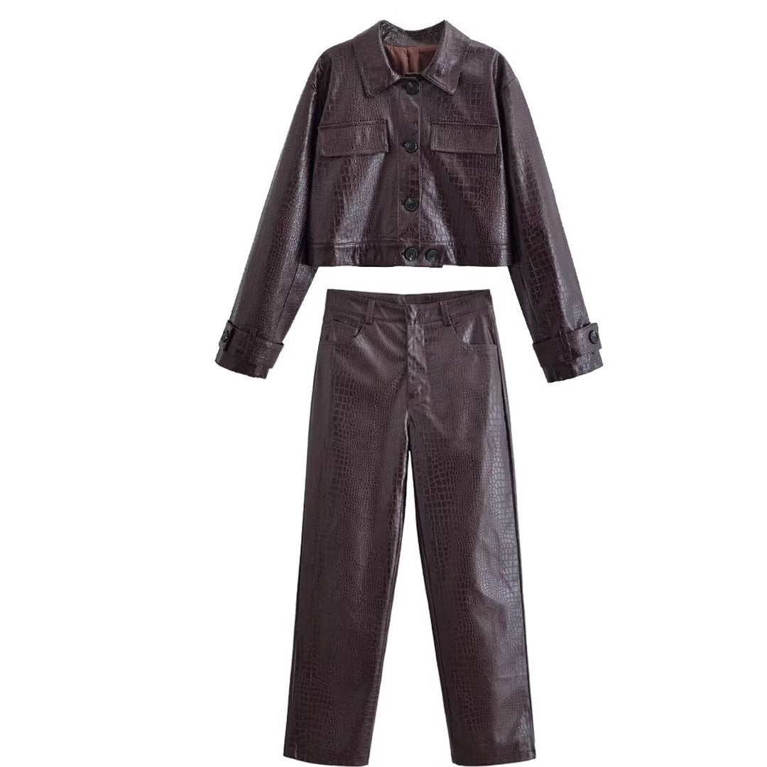 Damen Hochtaillierte Straight-Leg Kunstlederhose mit Krokoprägung Nord Taschen