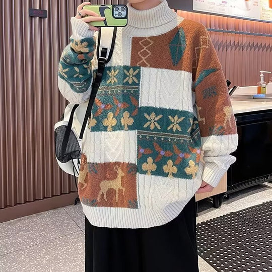 Damen Gemusterter Oversized Pullover mit Stehkragen Nord Taschen