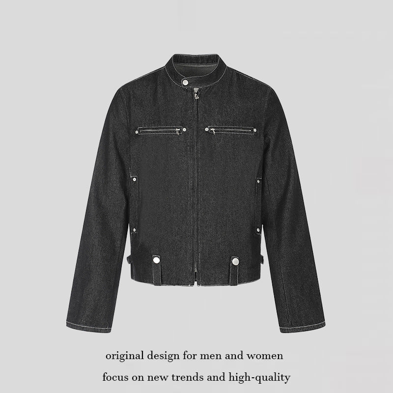 Damen kurze Denim-Bikerjacke mit Stehkragen, Reißverschluss und Druckknopfdetails Nord Taschen