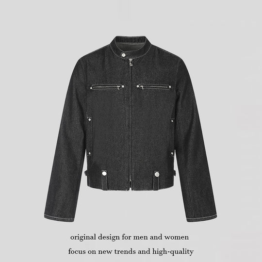 Damen kurze Denim-Bikerjacke mit Stehkragen, Reißverschluss und Druckknopfdetails Nord Taschen