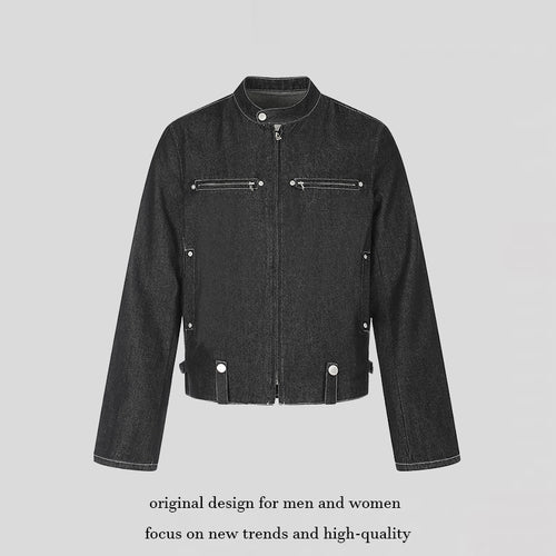 Damen kurze Denim-Bikerjacke mit Stehkragen, Reißverschluss und Druckknopfdetails Nord Taschen