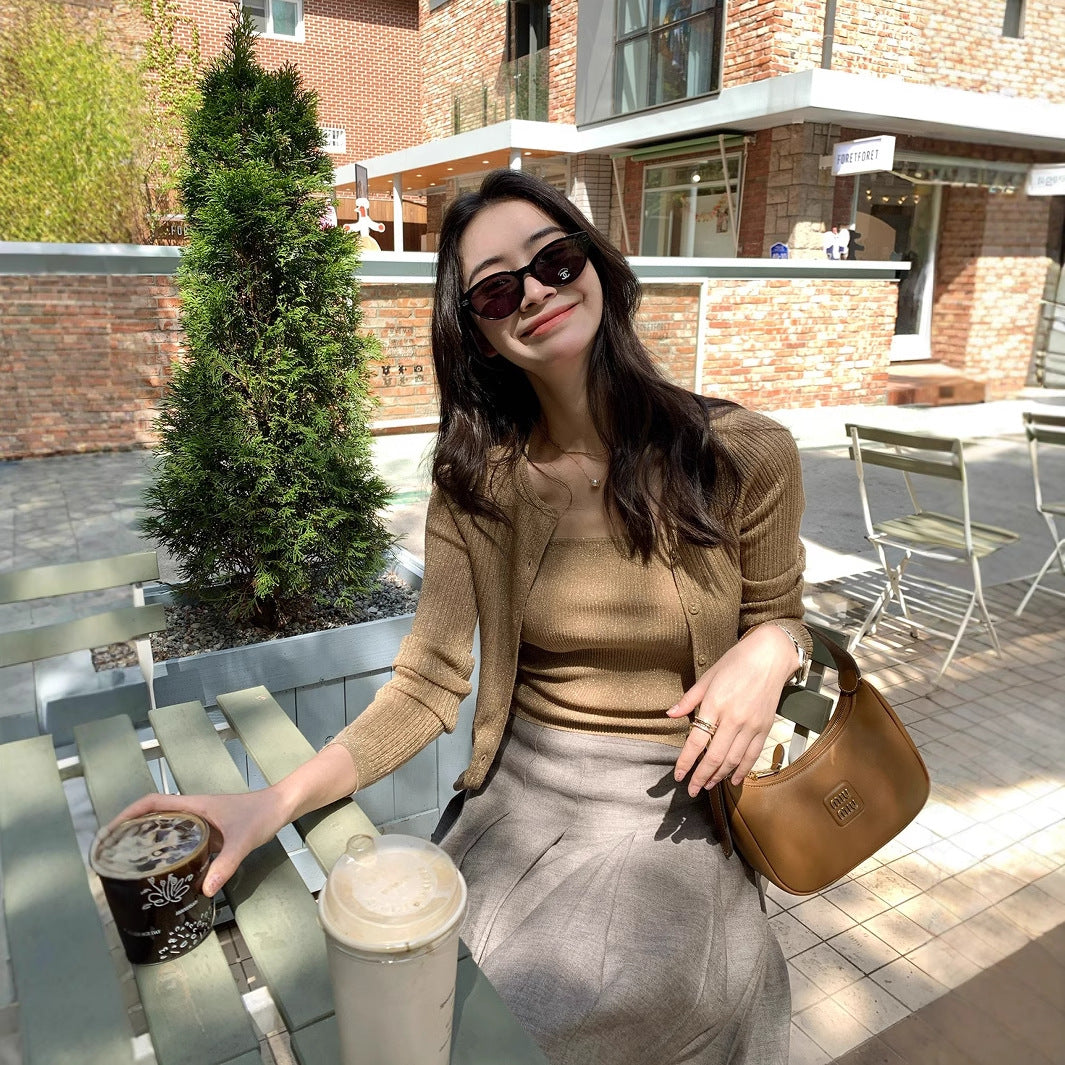 Damen Leichtes Ripp-Twinset aus Glanzgarn mit Spaghettitop und Knopfcardigan Nord Taschen