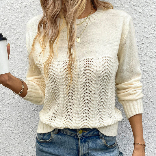 Damen Ajourgestrickter Pullover mit Wellenmuster, Rundhalsausschnitt und elastischen Bündchen Nord Taschen