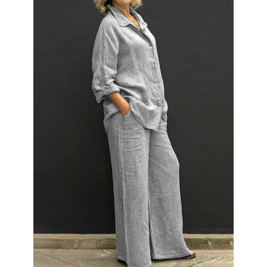Damen Relaxed-Buttondown-Hemd und High-Waist-Palazzo im Leinenoptik Nord Taschen