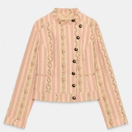 Damen Cropped Blazerjacke im Vintage‑Streifen‑Look mit Stehkragen und asymmetrischer Knopfleiste Nord Taschen
