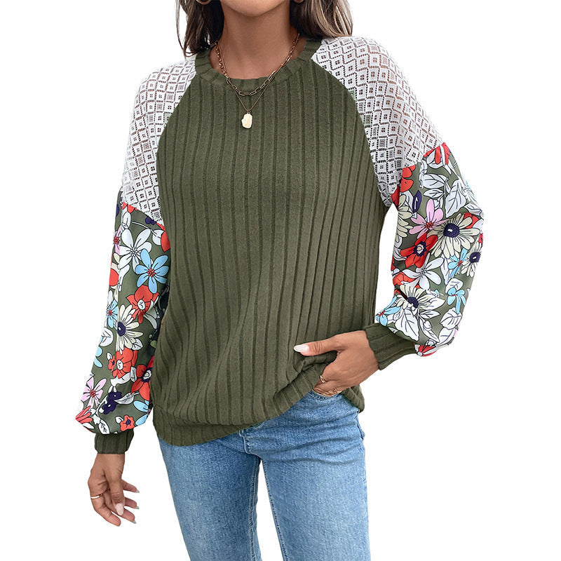 Damen Gerippter Pullover mit Häkel‑Schultereinsatz und floralen Ballonärmeln Nord Taschen