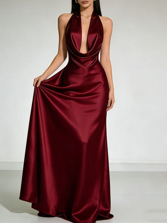 Damen Elegantes und figurbetontes Abendkleid mit tiefem V-Ausschnitt und fließendem Rock Nord Taschen