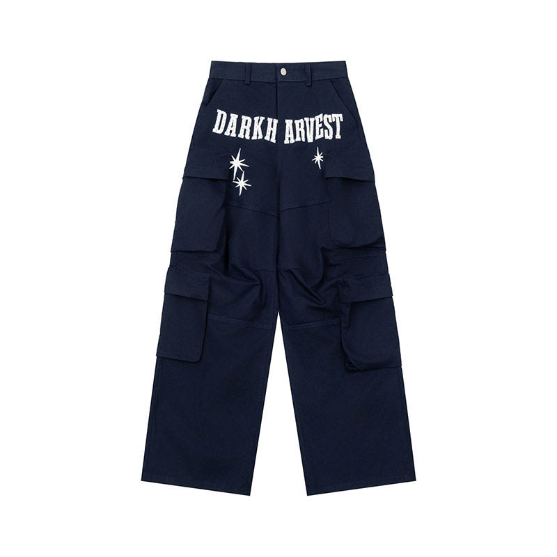 Damen Weite Cargo-Palazzo-Hose mit Mehrfach-Taschen, hoher Taille und Statement-Print Nord Taschen