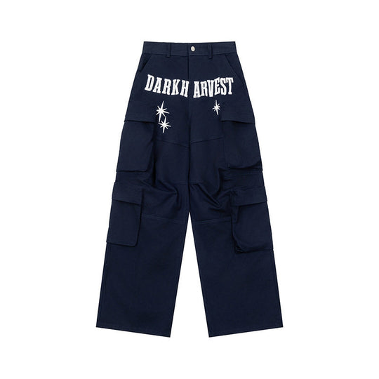 Damen Weite Cargo-Palazzo-Hose mit Mehrfach-Taschen, hoher Taille und Statement-Print Nord Taschen