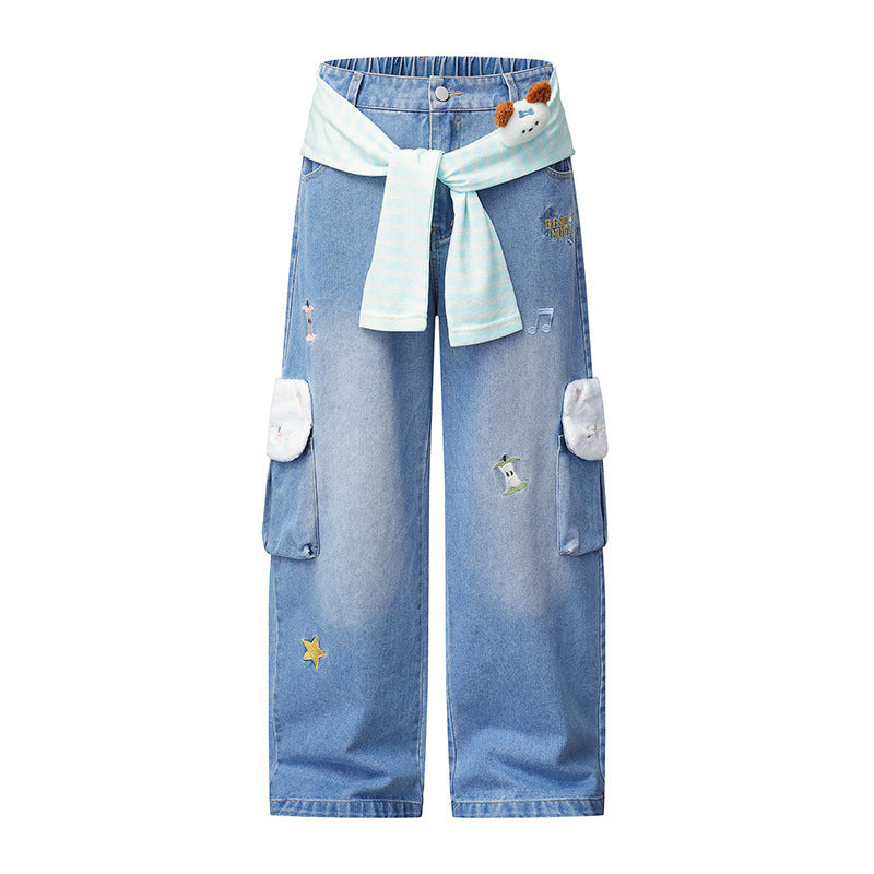 Damen Weiter Cargo-Jeans mit Plüschtaschen, Stickereien und elastischem Bund Nord Taschen
