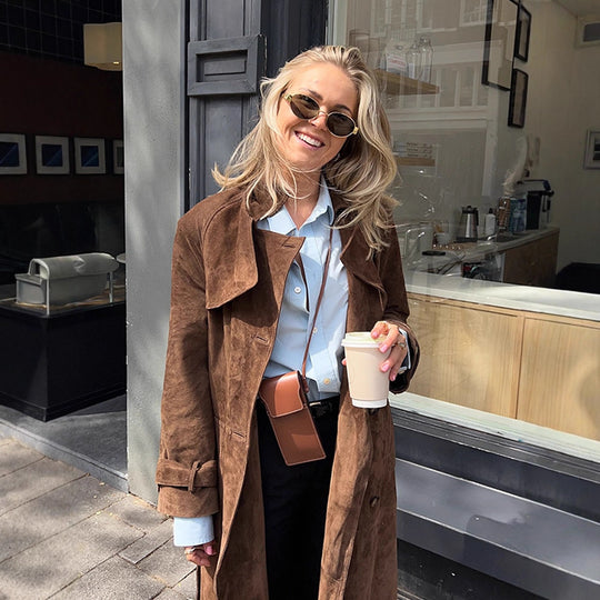 Damen Maxilanger Veloursleder‑Trenchcoat mit Bindegürtel Nord Taschen