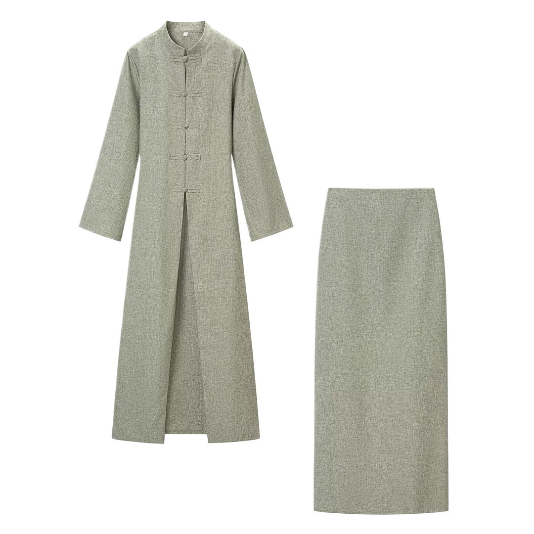 Damen Langärmliges Maxikleid mit Stehkragen Knebelknopfverschluss und vorderem Schlitz Nord Taschen