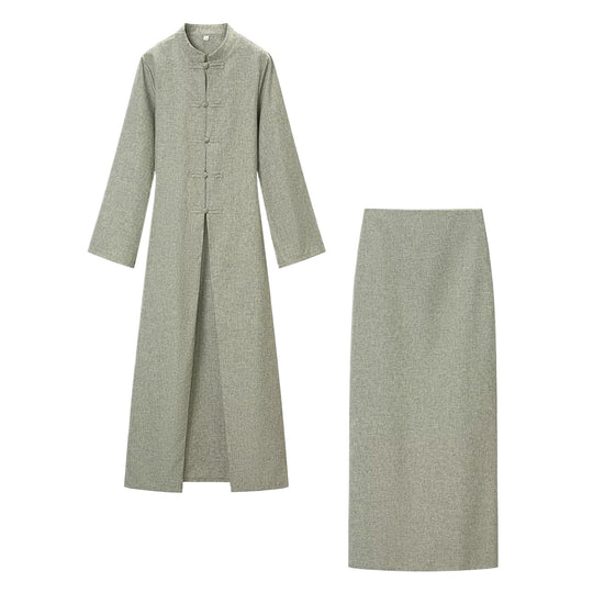 Damen Langärmliges Maxikleid mit Stehkragen Knebelknopfverschluss und vorderem Schlitz Nord Taschen