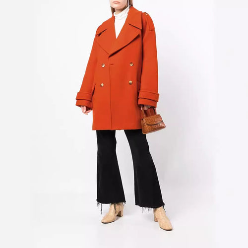 Damen Oversize Zweireihiger Kurzmantel aus Wollmix mit überbreiten Ärmeln und goldenen Zierknöpfen Nord Taschen