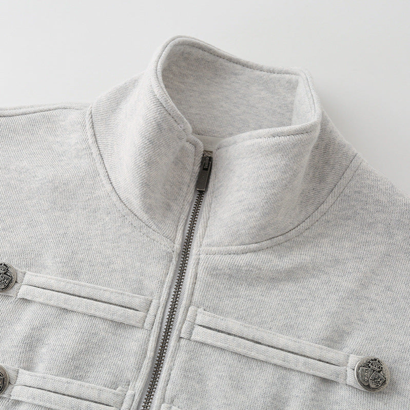 Damen Kurz geschnittene Sweatjacke mit Stehkragen und dekorativen Zierpaspeln Nord Taschen