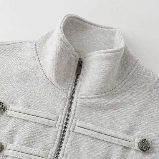 Damen Kurz geschnittene Sweatjacke mit Stehkragen und dekorativen Zierpaspeln Nord Taschen