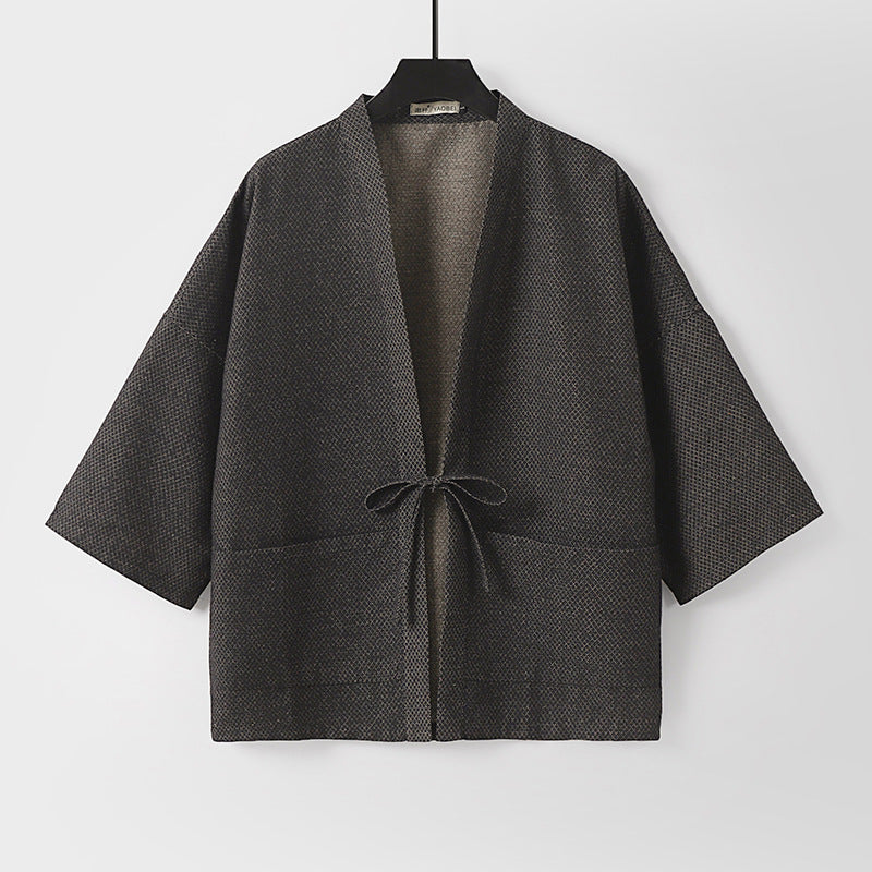 Herren Lockerer Kimono-Cardigan aus strukturierter Baumwollmischung mit kurzem Ärmel und Bindeband Nord Taschen
