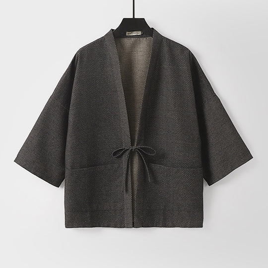 Herren Lockerer Kimono-Cardigan aus strukturierter Baumwollmischung mit kurzem Ärmel und Bindeband Nord Taschen