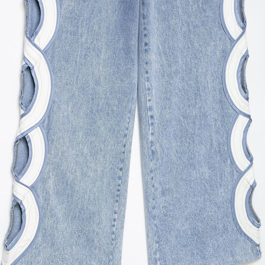 Damen High-Waist-Jeans mit ausgestellter Weitbein-Silhouette und seitlichen Kreis-Applikationen Nord Taschen