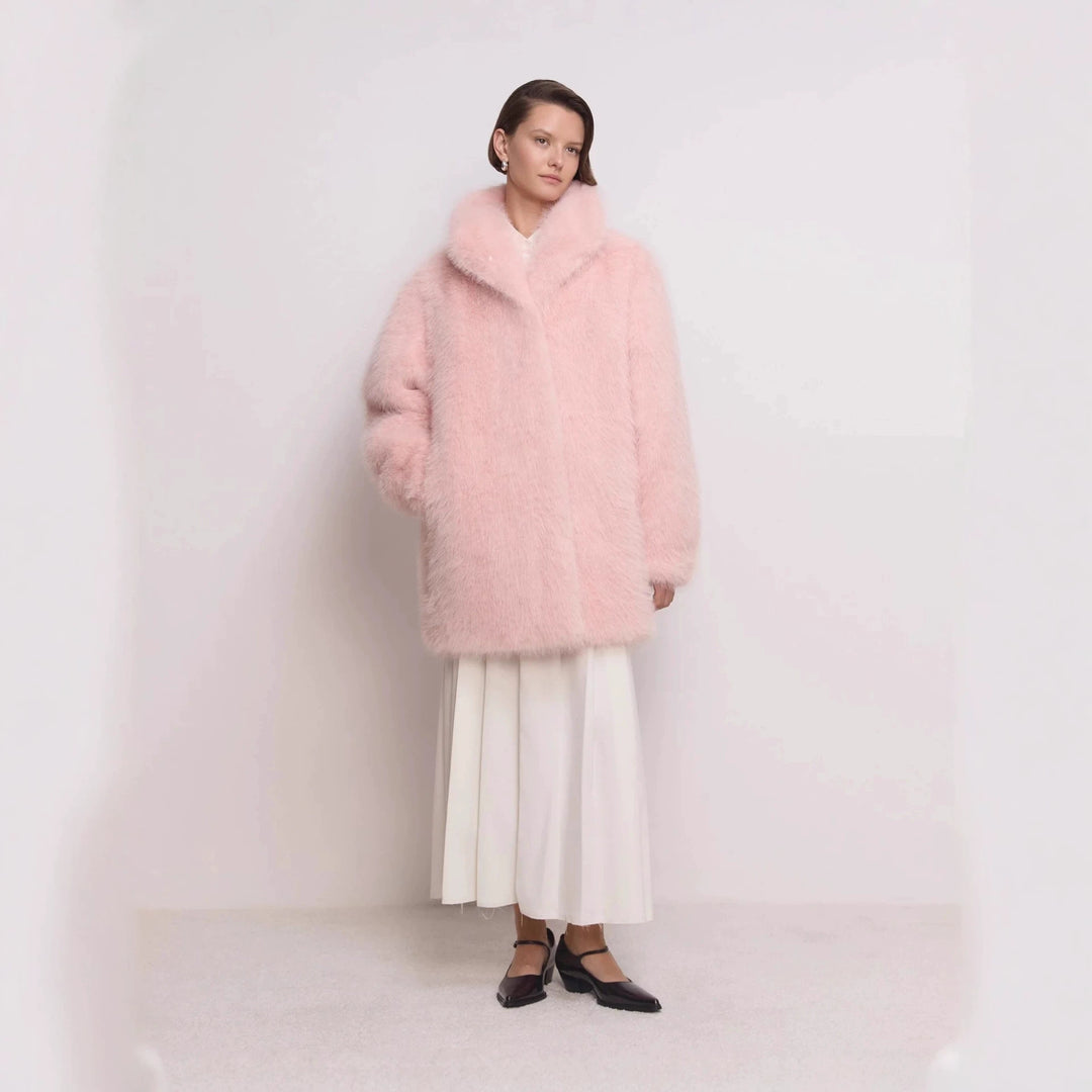Damen Midilanger flauschiger Teddy-Kunstpelz‑Mantel mit stehendem Schalkragen Nord Taschen