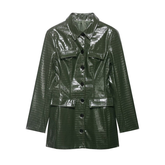 Damen Lackmantel mit Krokoprägung, taillierendem Schnitt und Knopfleiste Nord Taschen