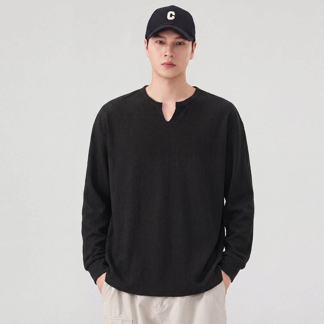 Herren Lockeres Langarmshirt mit V-Notch-Kragen und strukturierter Baumwollmischung Nord Taschen