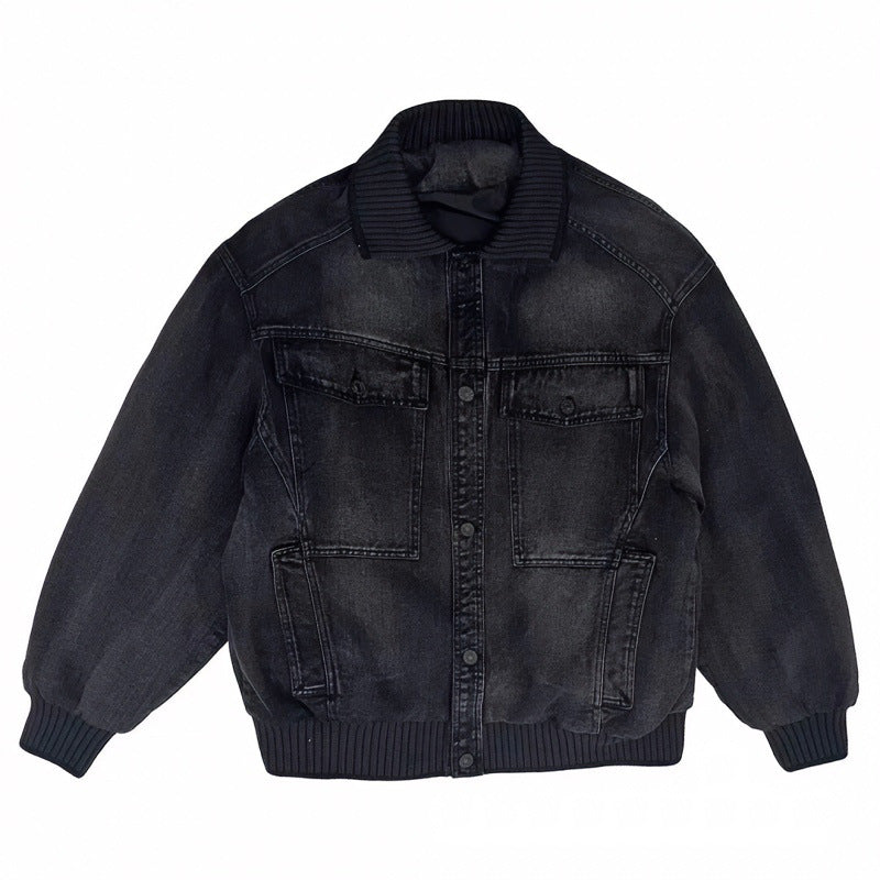Herren Weitgeschnittene Jeansjacke mit geripptem Kontrastkragen und Vintage-Waschung Nord Taschen