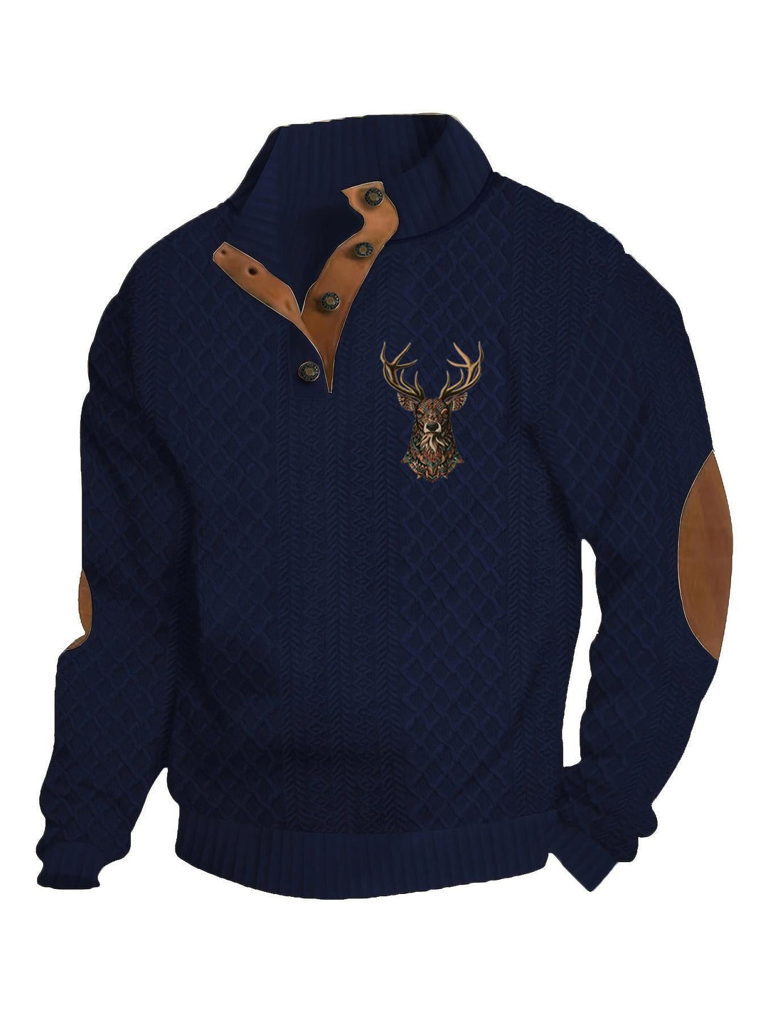 Herren nan Heritage-Strukturpullover mit Stehkragen Lederimitat-Besatz Ellenbogen-Patches und Halbknopfleiste