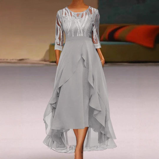 Damen nan edles Chiffon-Abendkleid mit besticktem Tülloberteil, Dreiviertelärmeln und asymmetrischem Stufen-Saum Nord Taschen