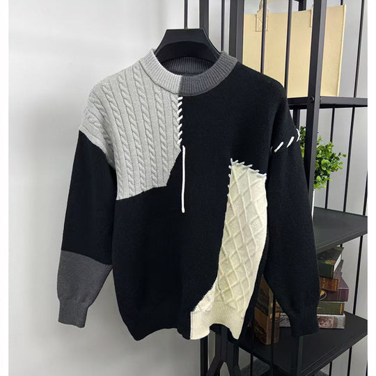 Unisex Patchwork-Oversize-Strickpullover mit Zopf- und Rautenmuster, dekorativen Kontrastnähten und Rundhalsausschnitt Nord Taschen