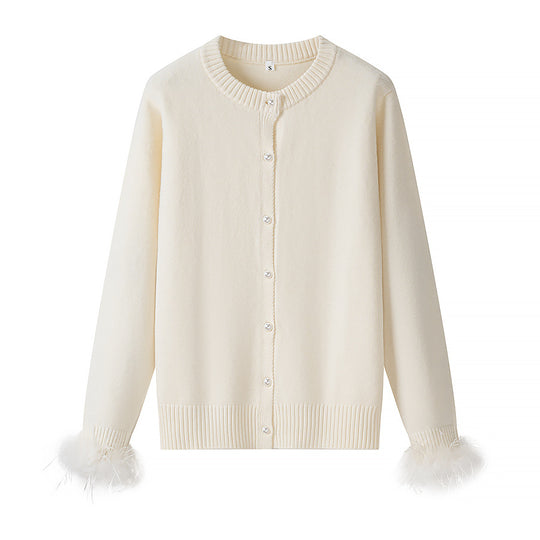 Damen Perlenknopf-Cardigan mit Kunstfeder-Bündchen Nord Taschen